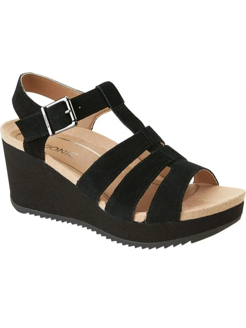 Vionic Womens Tawny Strappy Classic Wedge Sandals Shoes Black Suede 9 M